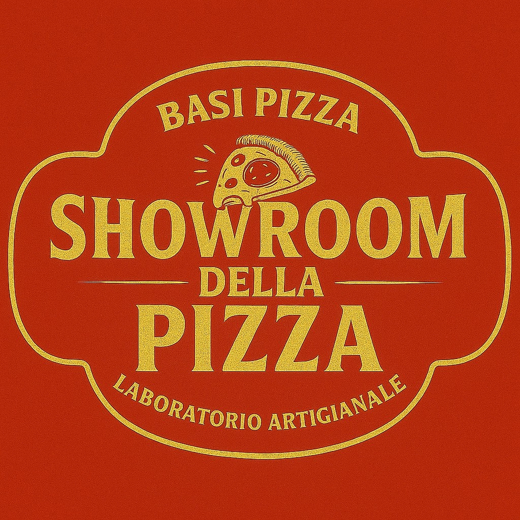 logo showroom della pizza con fetta disegnata e sfondo rosso